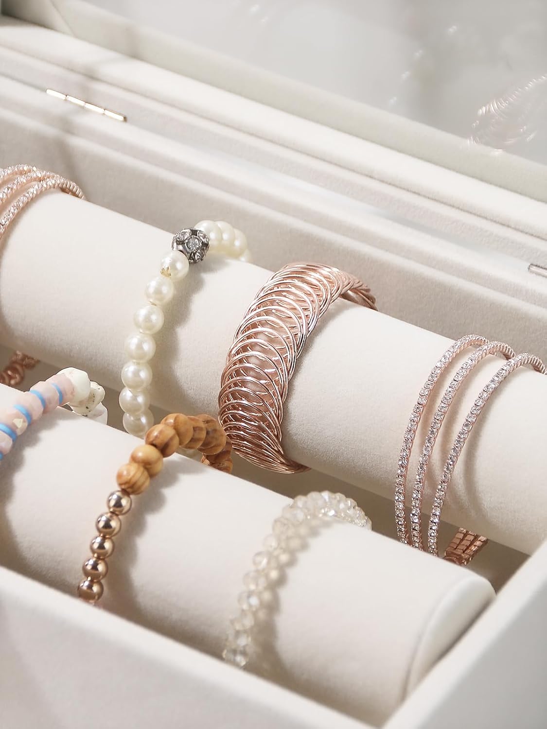 Bracelet Holder Organizer Box, Jewelry Storage Case with 2 Rods, Bangle Watch Display Tray for Women Girls (Beige)