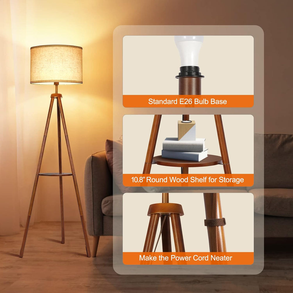 OUTON Wood Tripod Floor Lamp with Shelves, Mid Century LED Modern Dimmable Fl...