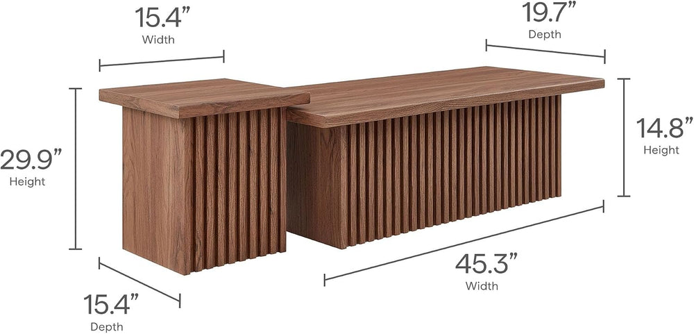 Modway Render Slatted Nesting Coffee Table Set in Walnut - 2 Piece Low Profil...