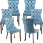 Modern Dining Chairs Set of 6, Tufted Upholstered Dining Chair with Solid Wood Legs, Light Blue Velvet Accent Chair, Sillas de Comedor, 6 Dining Chairs (Light Blue, Velvet, 6Pcs)
