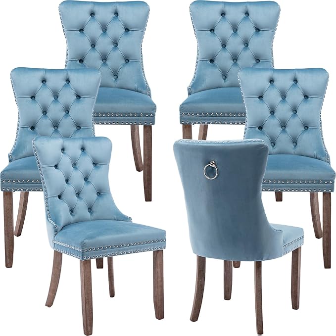 Modern Dining Chairs Set of 6, Tufted Upholstered Dining Chair with Solid Wood Legs, Light Blue Velvet Accent Chair, Sillas de Comedor, 6 Dining Chairs (Light Blue, Velvet, 6Pcs)