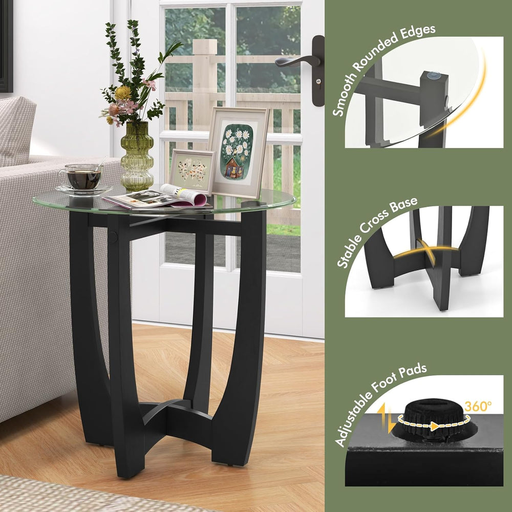 Giantex Glass End Tables Set of 2, Round Side Tables with Rubber Wood Frame &...