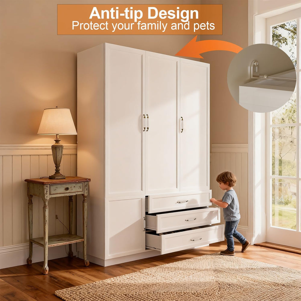 72" Wooden Armoire Wardrobe Closet with 3 Door White Bedroom Armoire wit...