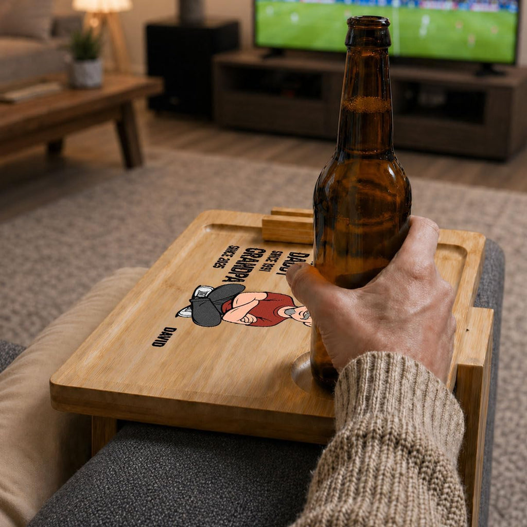 Wrappiness Custom Engraved Couch Arm Table for Dad, Wood Sofa Arm Rest Tables with 360° Phone Holder, Portable Sofa Armrest Tray for Drink Snacks, Gift for Fathers Day (The Original Legend)