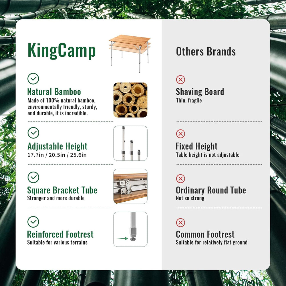 KingCamp Bamboo Folding Camping Table, 4-Fold Adjustable Outdoor Table | Port...