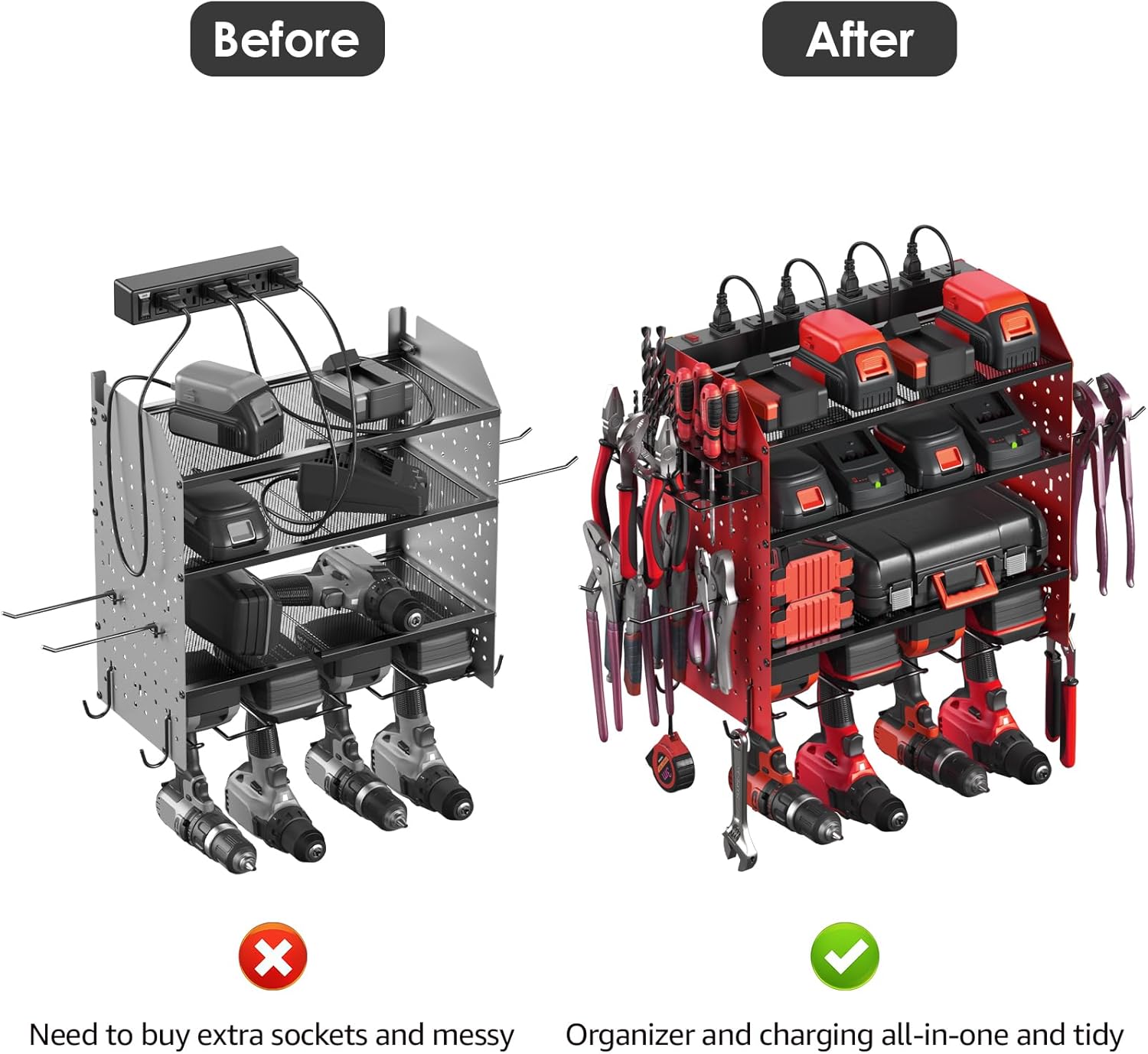 CCCEI Modular Pegboard Rack Power Tool Organizer with Charging Station. 4 Layer Wall Mount Drill Holder, Red Tool Battery Charger Organizer. Garage Shop Storage Utility Shelf with 10FT Power Strip.