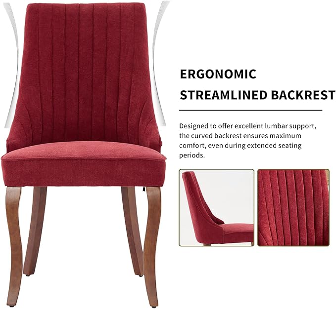 Modern Dining Chairs Set of 6, Mid Century Kitchen & Dining Room Chairs, Fabric Upholstered Kitchen Chairs with Wood Legs, Sillas de Comedor, Easy Assembly, Wine Red, 6 Pieces