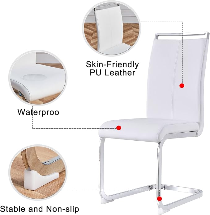AZmac Modern Leather Dining Chairs Set of 4,Armless Kitchen Chairs,Dining Room Chairs with Upholstered Padded Seat and Sturdy Chrome Legs for Dining Room,Kitchen (Set of 4, White+PU Leather)
