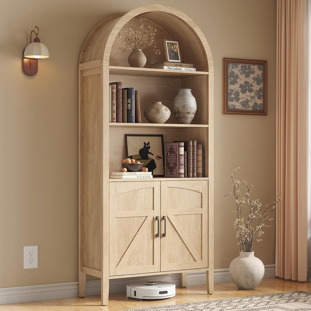 ONBRILL 71" Arched Display Bookshelf, 5-Tier Arched Bookcase W/Door, Oak