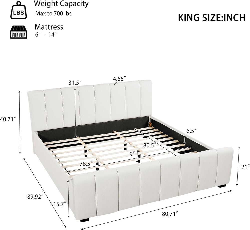 Merax King Upholstered Bed with Thick Headboard and Footboard, Beige