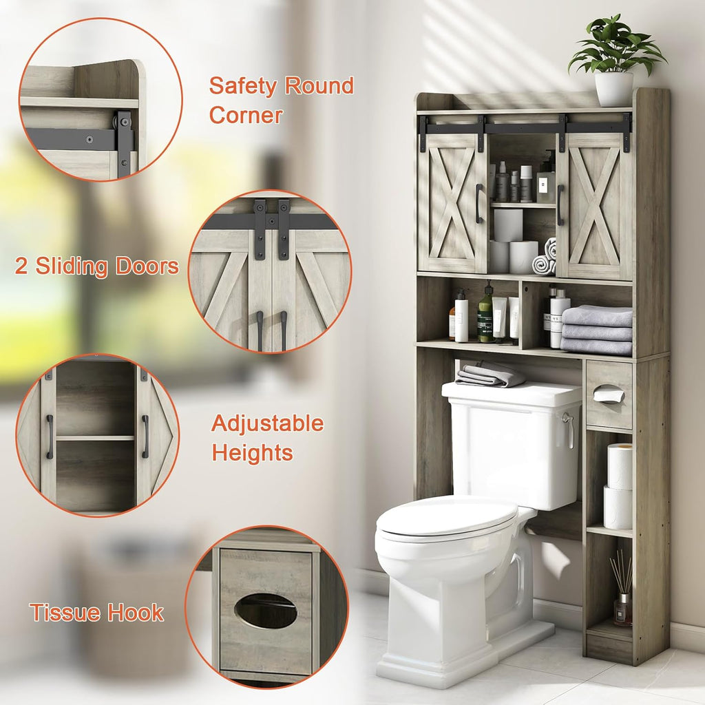 Vabches Over The Toilet Storage Cabinet, Farmhouse Storage Cabinet Over Toilet with Sliding Door& Toilet Paper Holder Stand，Home Space-Saving Toilet Rack, for Bathroom, Restroom, Laundry