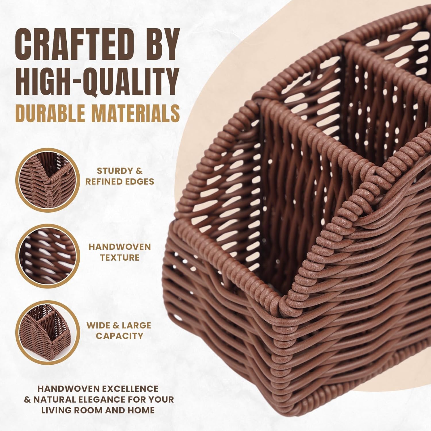 5-Compartment Remote Control Holder – Synthetic Rattan Organizer for TV Remotes, Makeup Brushes, Office Supplies, Stylish Wicker Desk Caddy for Living Room, Bedroom, Office, Patent Pending (Brown)