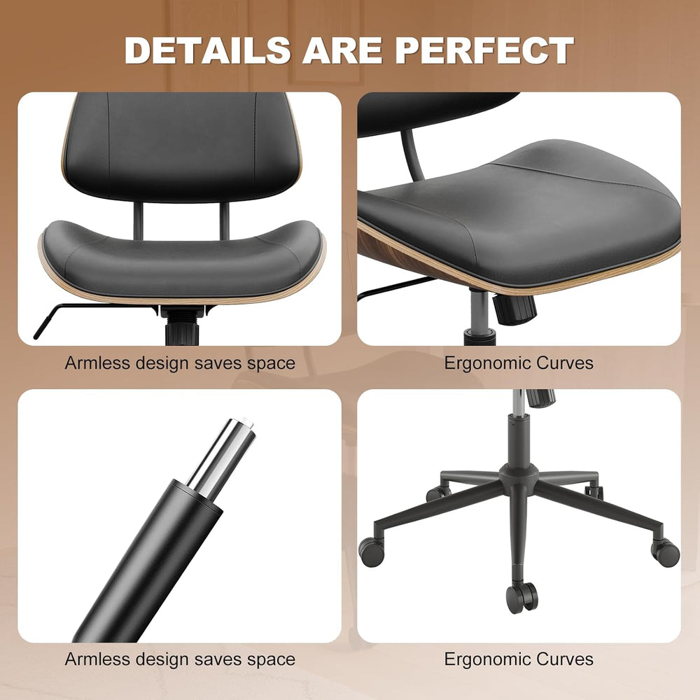 Armless Office Chair with Wheels, PU Leather Desk Chair, Black | Adjustable H...