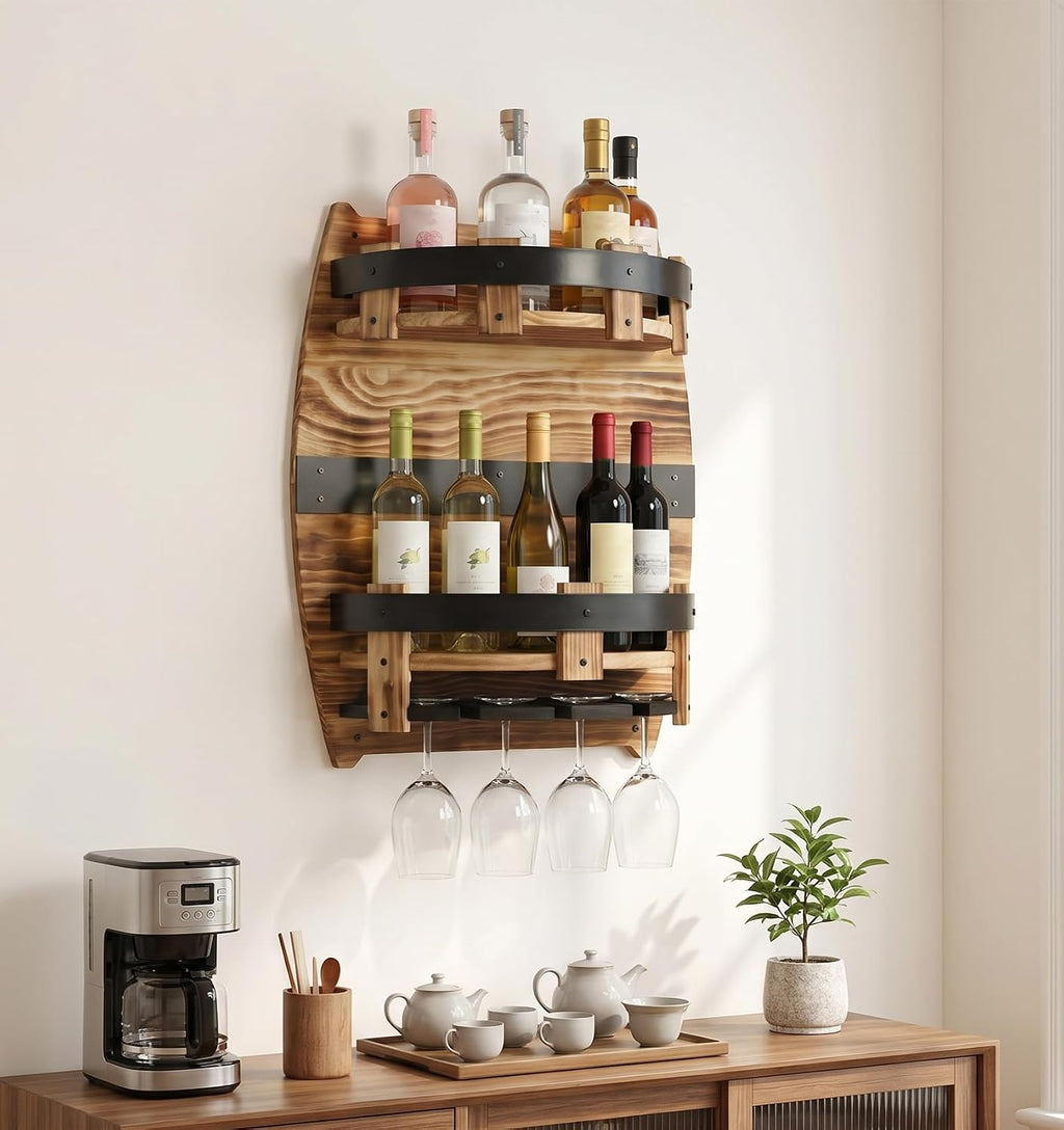 Whiskey Barrel Wall Shelf, Wooden Bourbon Bottle Display Rack | Vintage Handcrafted Wooden Liquor Storage Shelf for Home Bar, Kitchen, Man Cave and Farmhouse Decor