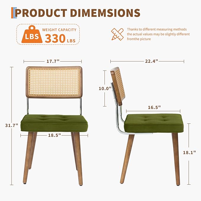 GarveeHome Natural Rattan Dining Chairs Set of 6, Velvet Upholstered Kitchen Chairs with Tall Cane Backrest and Strong Wood Legs for Dining Room, Kitchen, Restaurant, Green