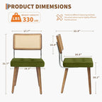 GarveeHome Natural Rattan Dining Chairs Set of 4, Velvet Upholstered Kitchen Chairs with Tall Cane Backrest and Strong Wood Legs for Dining Room, Kitchen, Restaurant, Green