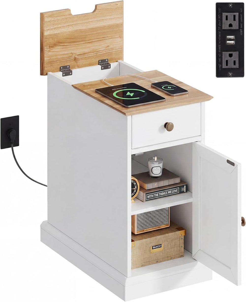 WLIVE End Table with Charging Station, Narrow Sied Table with Drawer & Ca...