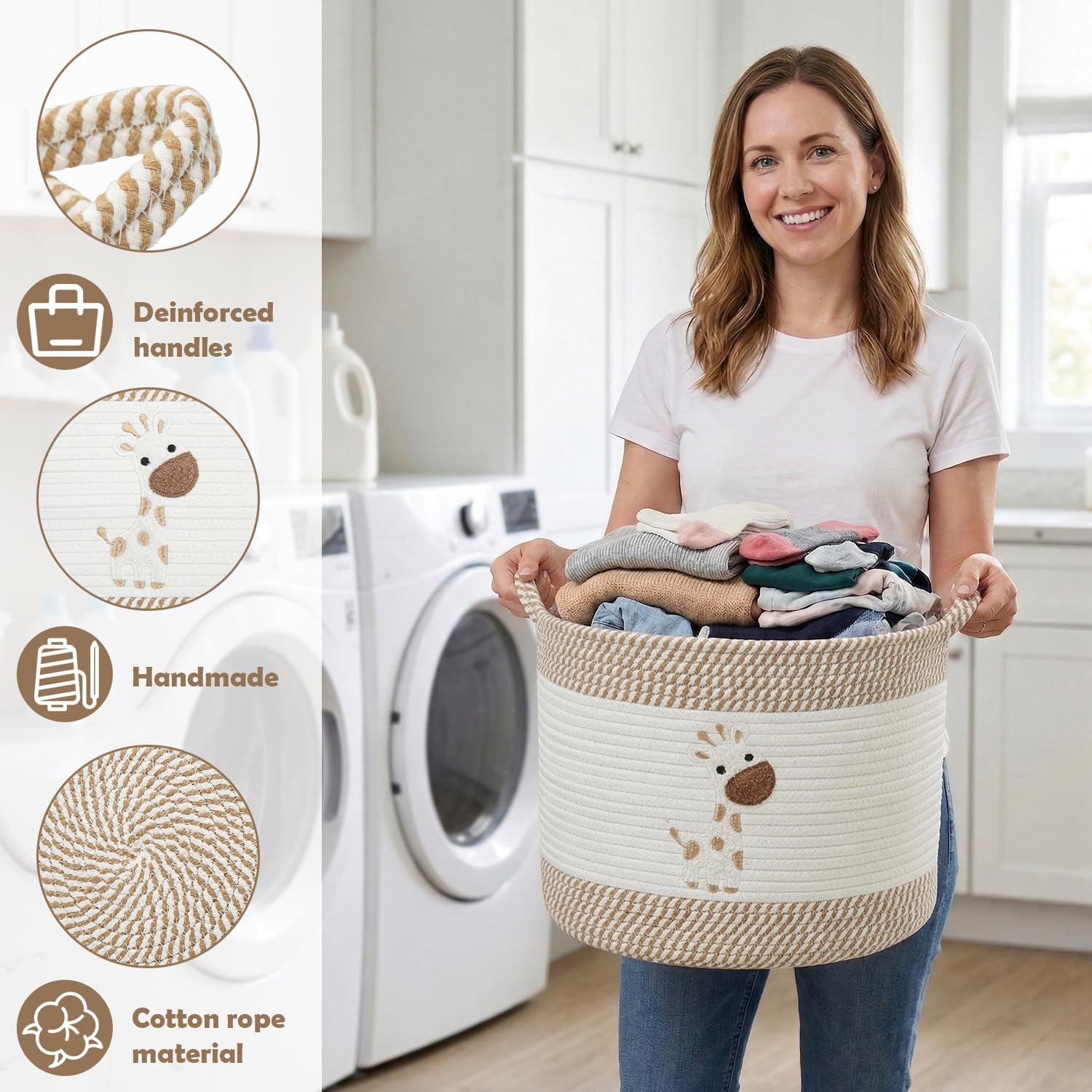 Baby Laundry Basket for Nursery, Large 15”x12” Giraffe Storage Baskets | Cotton Rope Kids Hamper Soft Foldable Bin with Cute Embroidered Animal Designs for Home Toys Organize