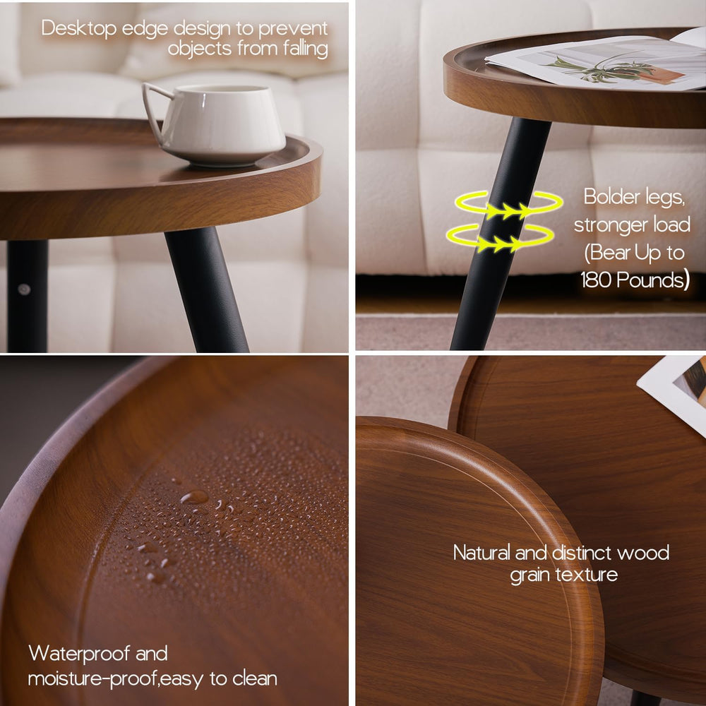 2-Piece Walnut Coffee Table,Durable Mid Century Small Round Coffee Tables for...