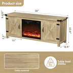 YESHOMY Fireplace TV Stand with Two Barn Doors and Storage Cabinets for Televisions up to 65+ Inch, Entertainment Center Console Table, Media Furniture for Living Room, 58 Inch, Natural Oak