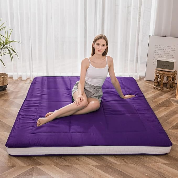 MAXYOYO Futon Mattress, Padded Japanese Floor Mattress Quilted Bed Mattress Topper, Extra Thick Folding Sleeping Pad Breathable Floor Lounger Guest Bed for Camping Couch, Deep Purple, Queen Size