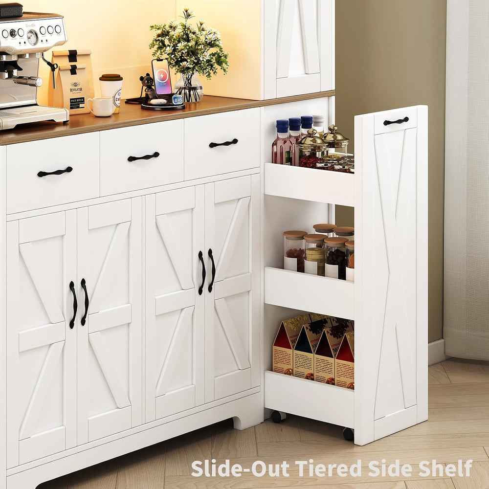 70.9" Tall Farmhouse Pantry Cabinet with Pull-Out Storage Cart & LED...