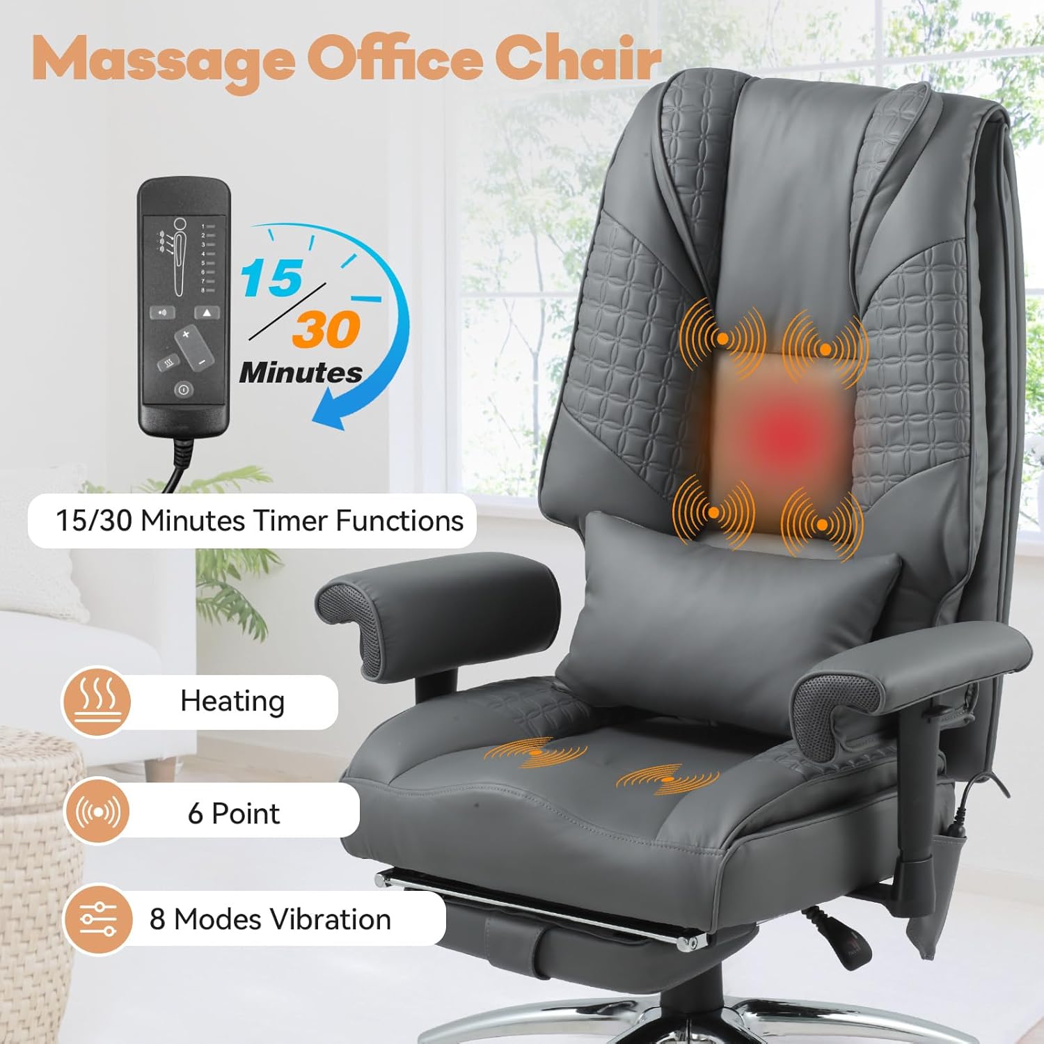 Massage & Heated Office Chair with Foot Rest, Ergonomic Executive Office Chair with Reclining Backrest, Adjustable Arms & Lumbar Support, High Back Leather Desk Chairs for Home Office, Gray
