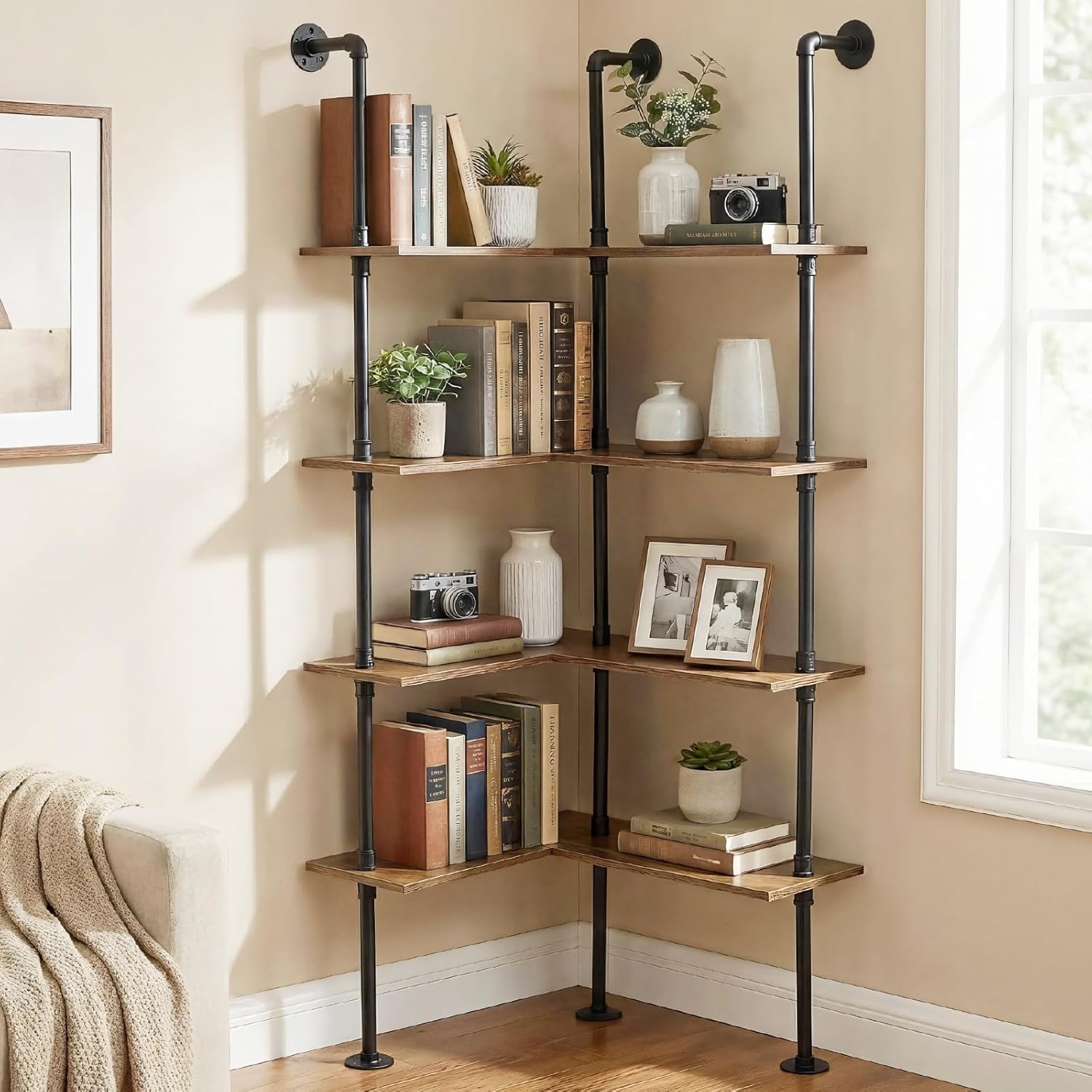 Industrial Pipe Corner Bookshelf, Wall Ladder Shelves/Shelving/Bookcase | 4 Tiers Wood Floating Shelf, Heavy Duty L Shaped Metal Pantry Shelving Rack for Living Room, Bedroom, Home, Office, Kitchen