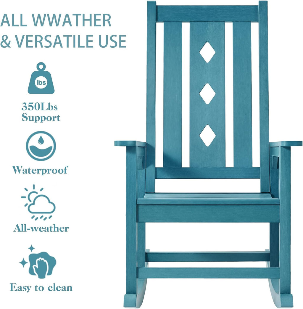 Oversized Outdoor Rocking Chair, Porch Rocker with High Back - Blue | All Weather Resistant rocking chair for Lawn Garden, HDPE Patio Rocker with 350lbs Weight Capacity