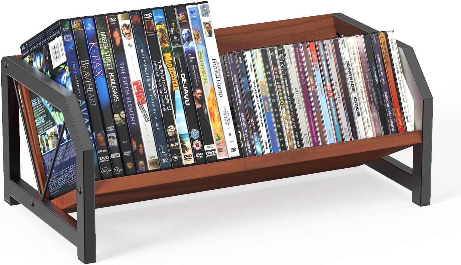 CD Holder Rack, Tilting DVD Storage Shelf for Tower Small Space | Store Up to 38 CDs and 30 DVDs, Desktop Bookshelf Organizer, Easy Acess, Sturdy Metal & Wood Construction, Portable Angle