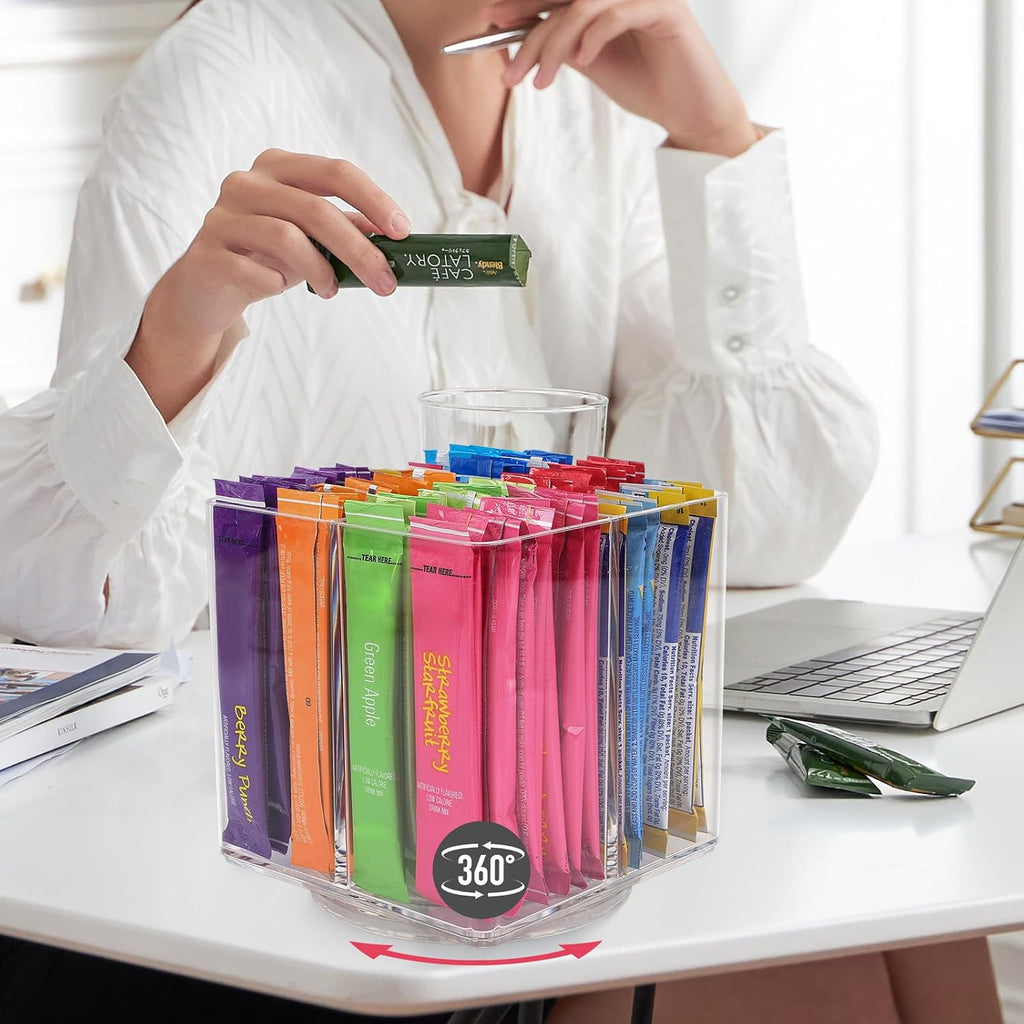 Drink Packet Organizer For Powdered Drink Mix,Powder Packet,Water Packet,Water Flavor Packet,Lazy Susan Organizer Rotating Holder for Drink Mix Necessities（Square）