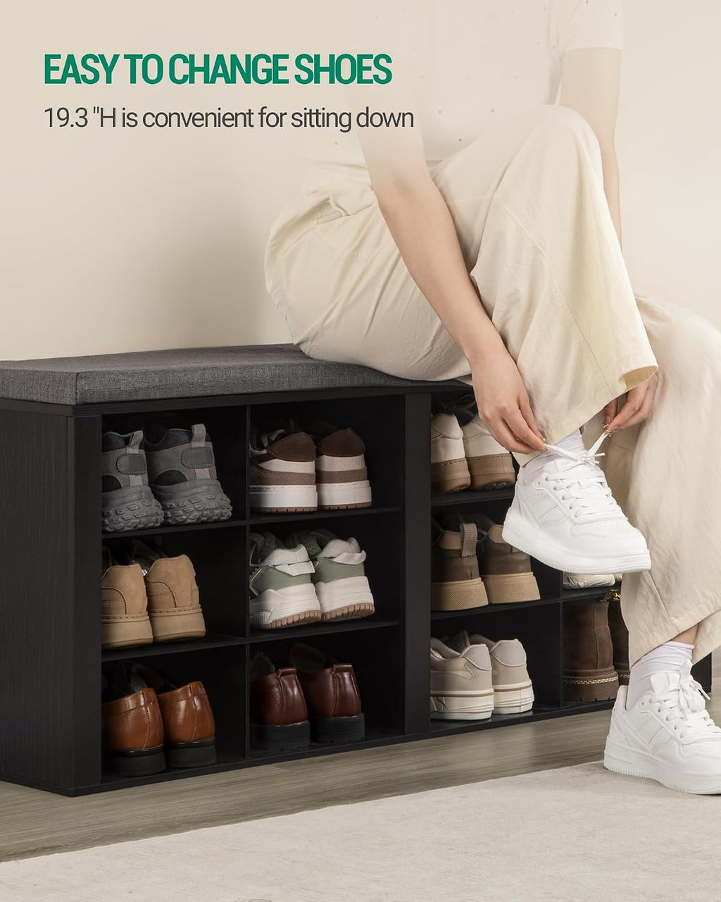 Hzuaneri Shoe Storage Bench with Cushion, Entryway 12-Cubby Shoe Rack | multifunction shoe organizer cabinet with adjustable shelves for hallway, bedroom, living room, Black SB19004GY