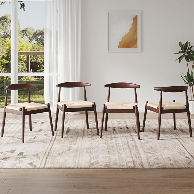 Farini Mid Century Modern Dining Chairs Set of 4, Solid Wood Frame Kitchen Chairs with Woven Upholstered Seat for Dining Room & Breakfast Nook,Latte-Beige