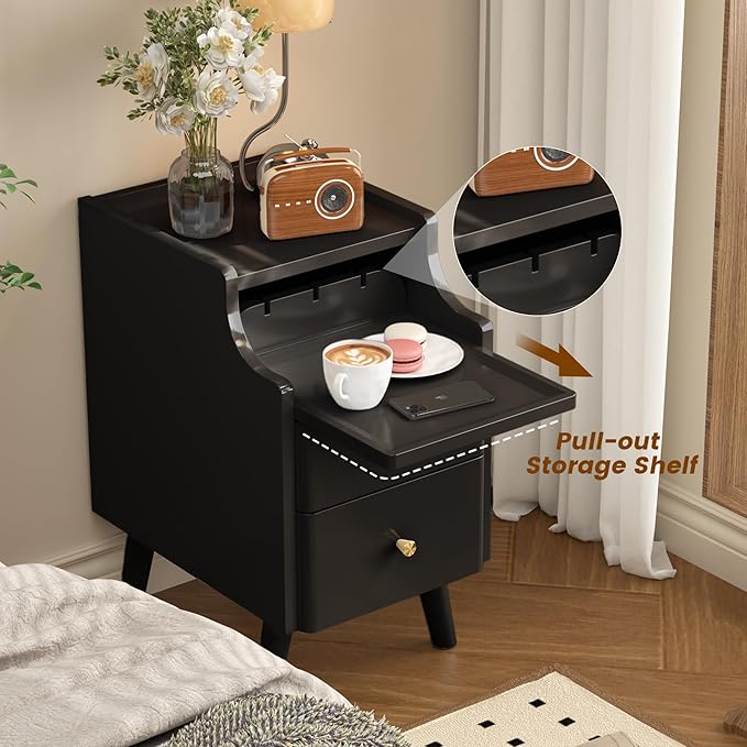 Narrow Nightstand, Solid Wood Night Stand with 2 Drawers, White Mid Century M...