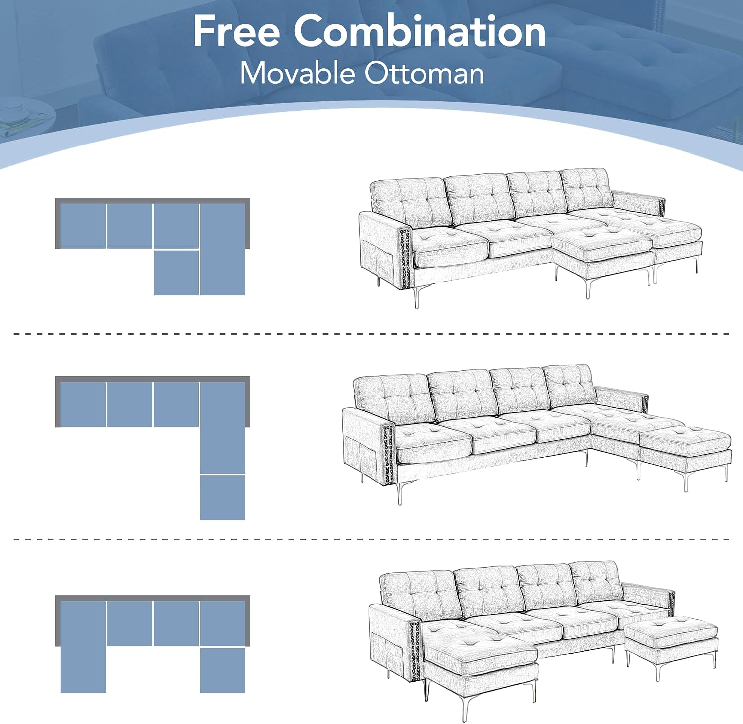 P PURLOVE Velvet Modern Large Sectional Sofa, U Shape Upholstered Couch with Chaise, Convertible Sofa Couch with Movable Ottoman for Living Room Apartment (Blue)