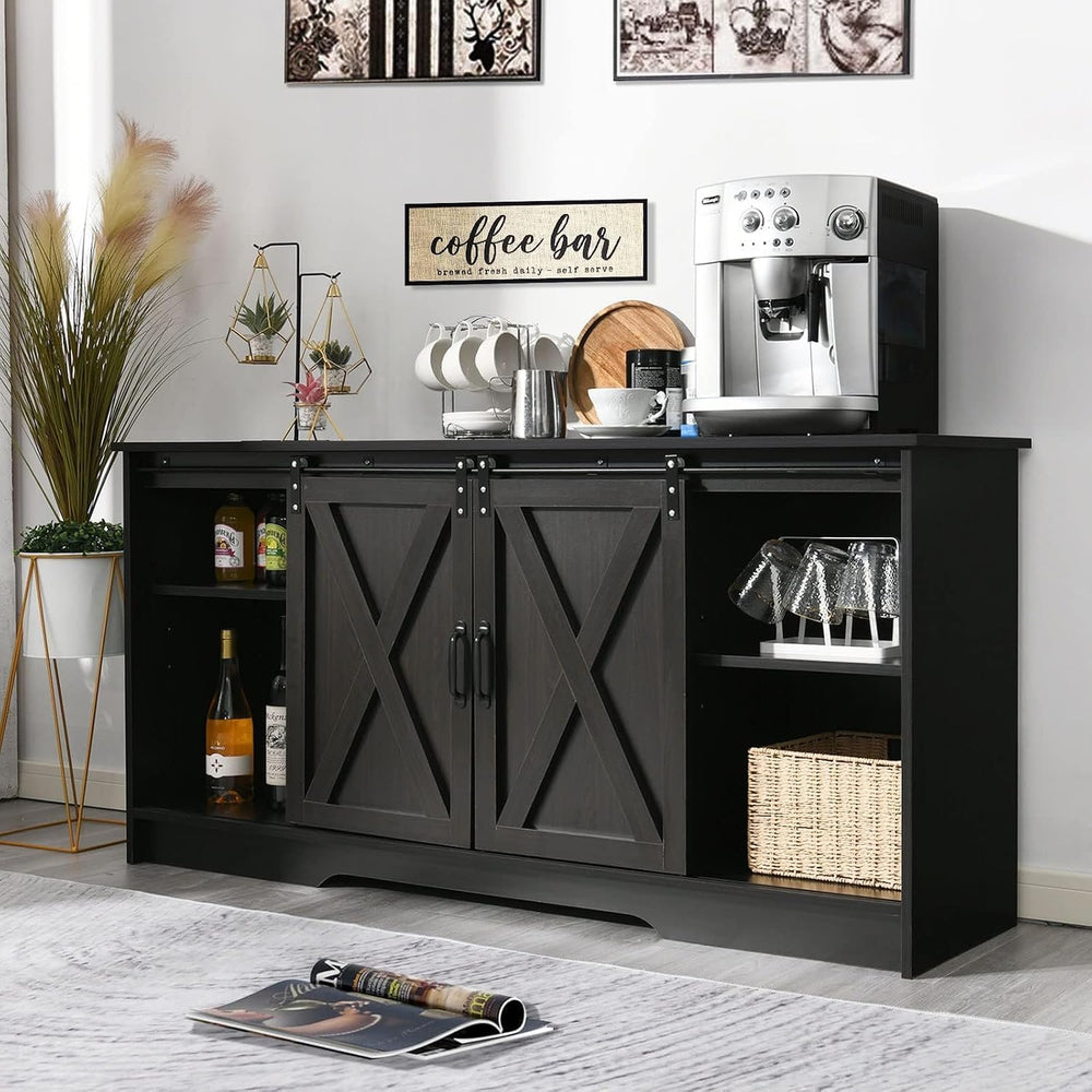 Farmhouse Coffee Bar Cabinet with Sliding Doors & Adjustable Shelves