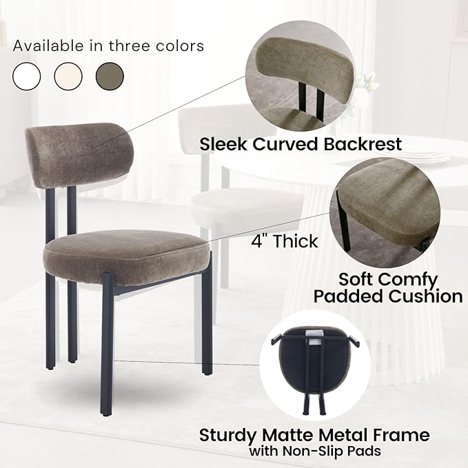LukeAlon Chenille Dining Chairs Set of 6, Modern Upholstered Armless Kitchen Chairs with Black Metal Legs Curved Back Dining Room Chairs Reception Chair for Living Room Office, Green