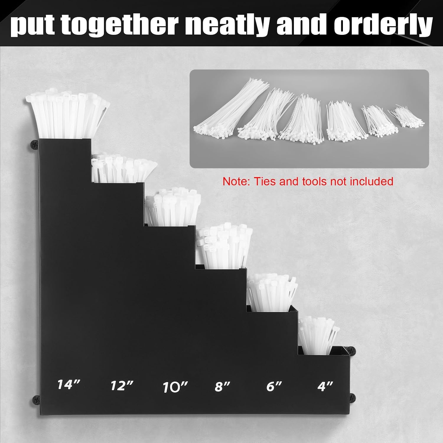 Cable Zip Tie Storage Holder Rack Metal Zip Tie Organizer Wall Mount Pockets with Screws for Workshop Shed Garage Home Ties, Ties and Tools Not Include(Black,14 x 13 Inch,6 Pockets)