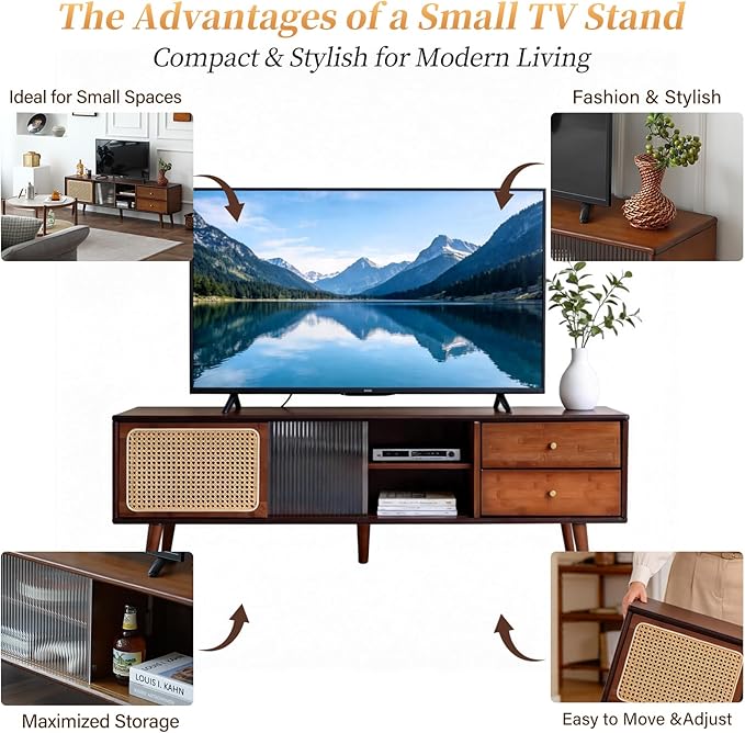 Tiita Rattan TV Stand for 55 65 Inch TV, Bamboo TV Cabinet with 2 Drawers, Boho Entertainment Center with Adjustable Shelf, Mid Century Modern Media Console for Bedroom, Living Room, Walnut