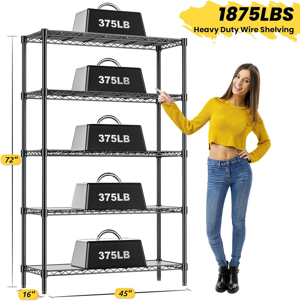45" W Storage Shelves 5 Tier Wire Shelving with Shelf Liners, Adjustable Metal Garage Shelving, 1875LBS Heavy Duty Commercial Storage Rack for Pantry Kitchen, 45" W x 16" D x 72" H, Black