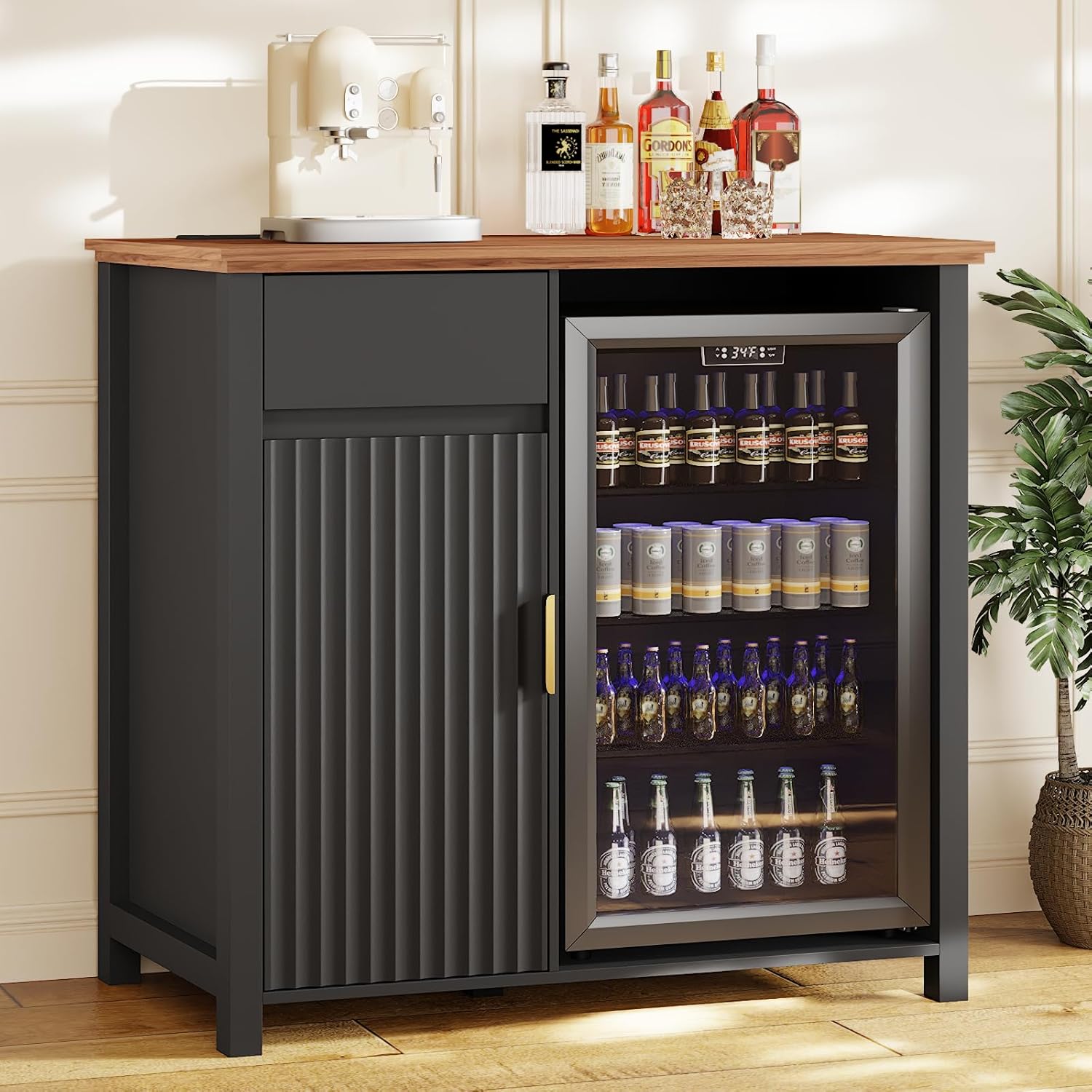 Mini Fridge Cabinet with Charging Station, Modern Fluted Coffee Bar Cabinet with Beverage and Wine Storage, Compact Coffee Bar with Mini Fridge Space for Kitchen, Dining Room or Living Room