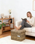 Bsketa Storage Ottoman Bench, 17" Folding Velvet Foot Rest,Leopard Print | Small Ottoman with Side Pockets, Thicker Foam Padded Seat, Livingroom, Dorm, Bedroom, Easy to install, 43L,17x13x13in