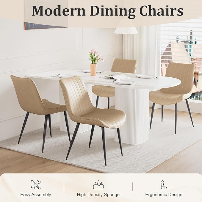 Dining Chairs Set of 4, Leather Modern Kitchen & Dining Room Chairs, Comfortable Upholstered Kitchen Chairs with Metal Legs Armless Side Chairs for Living Room Bedroom Restaurant Cafe, Khaki
