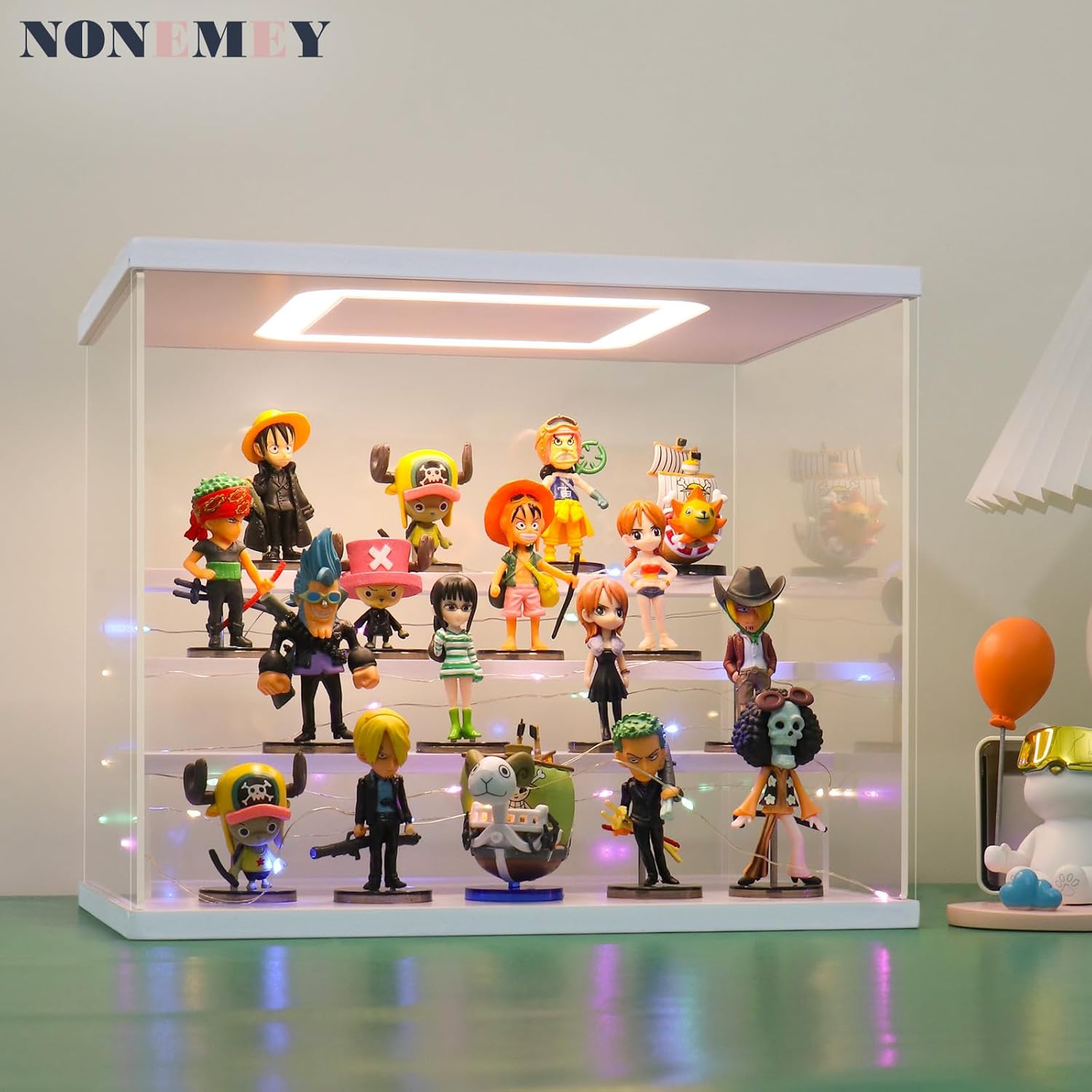 NONEMEY Clear Acrylic Display Case Stand with LED Light 2/3/4/5/6 Tier Storage Box Showcase Dustproof Organizer Box for Collectibles (White 4Tier 12.4*9.6*10.4inch)