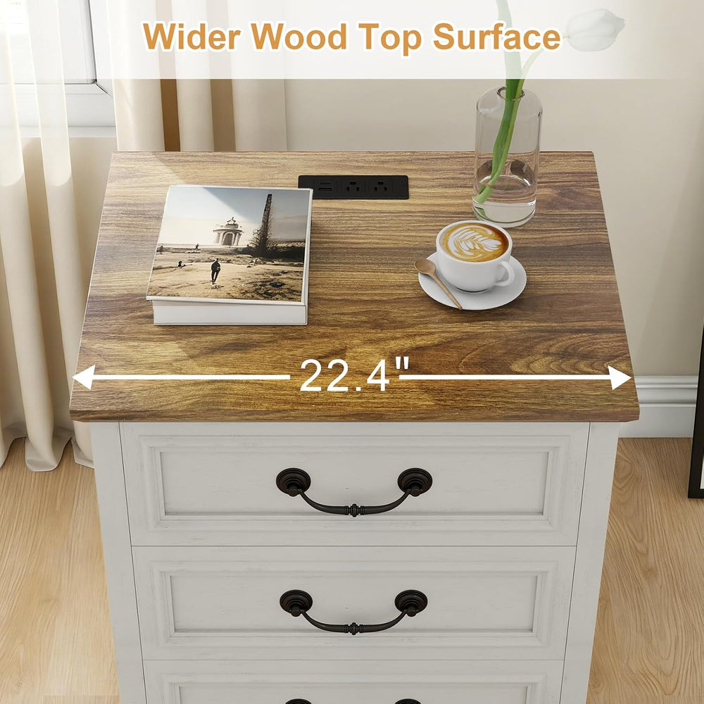 MUUEGM Night Stand with Charging Station Set of 2 Rustic White Bedside End Ta...
