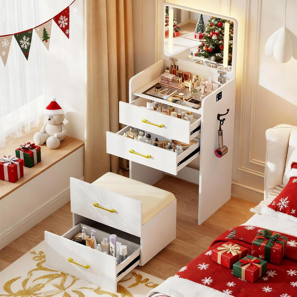 Small Makeup Vanity Desk with Flip up Mirror and Lights(White) | 3 in 1 Vanit...