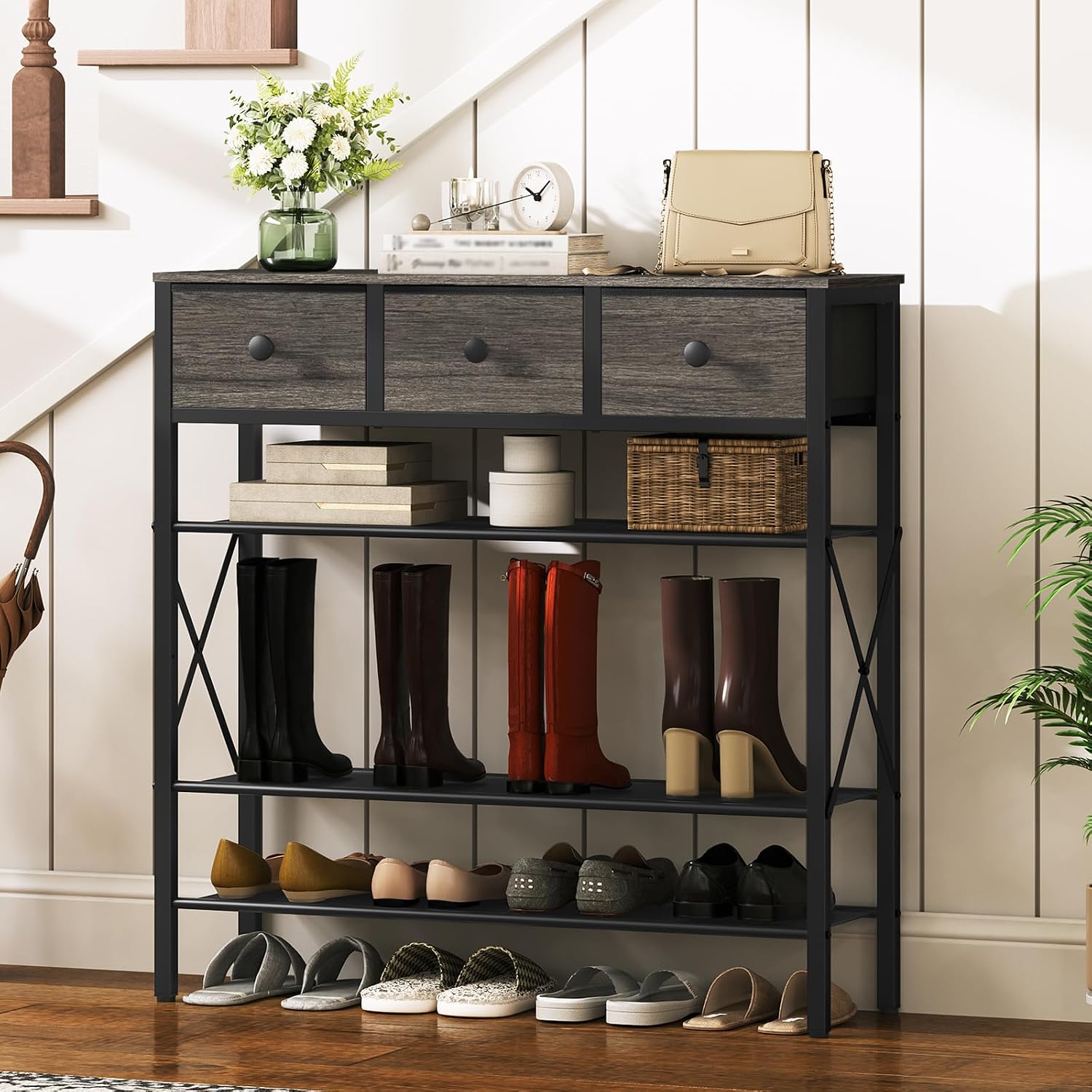 5-Tier Shoe Rack with 3 Drawers, Metal Shoe Organizer for 20 Pairs with Storage Shelves and Wooden Top, for Entryway, Hallway, Foyer, Closet, Charcoal and Black SS35BC