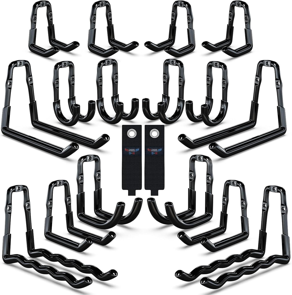3-H Garage Wall Hooks 18 Pack, One-Piece Construction Garage Hooks Heavy Duty, Garage Accessories & Organizer Wall Mount for Ladders, Weedeaters, Garden Tools (Black)