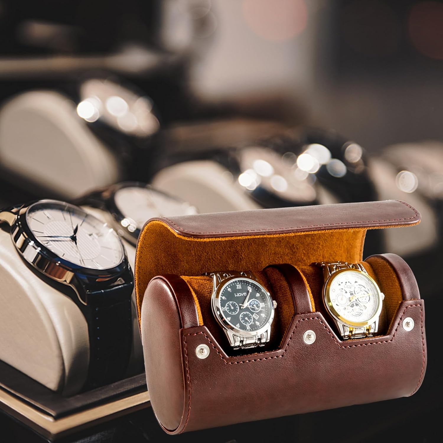 MR.OKAY 2 Watch Travel Case- Classic Leather Watch Case With Perfect Texture.Portable Watch Roll Or Organizer For Storage And Display. Luxury Gifts For Men, All Handmade by Artisans.