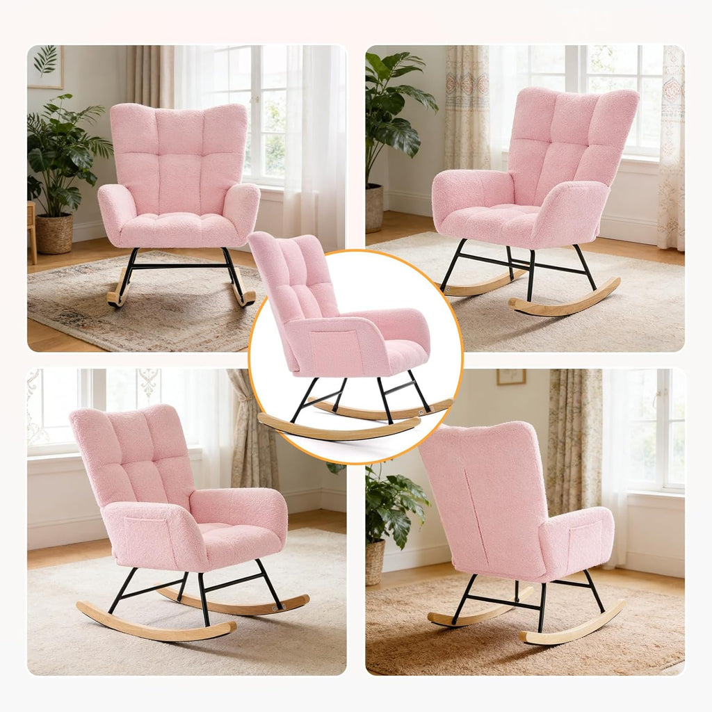 DUMOS Nursery Rocking Chair Teddy Upholstered, Comfy Glider Rocker with High Backrest Armchair Padded Seat, Accent Side Chair for Living Room Bedroom Offices Small Spaces Indoor, Pink